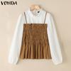 VONDA Women Stand Ruffled Neck Long Sleeve Patchwork Smocking Fake Two Pieces Blouse