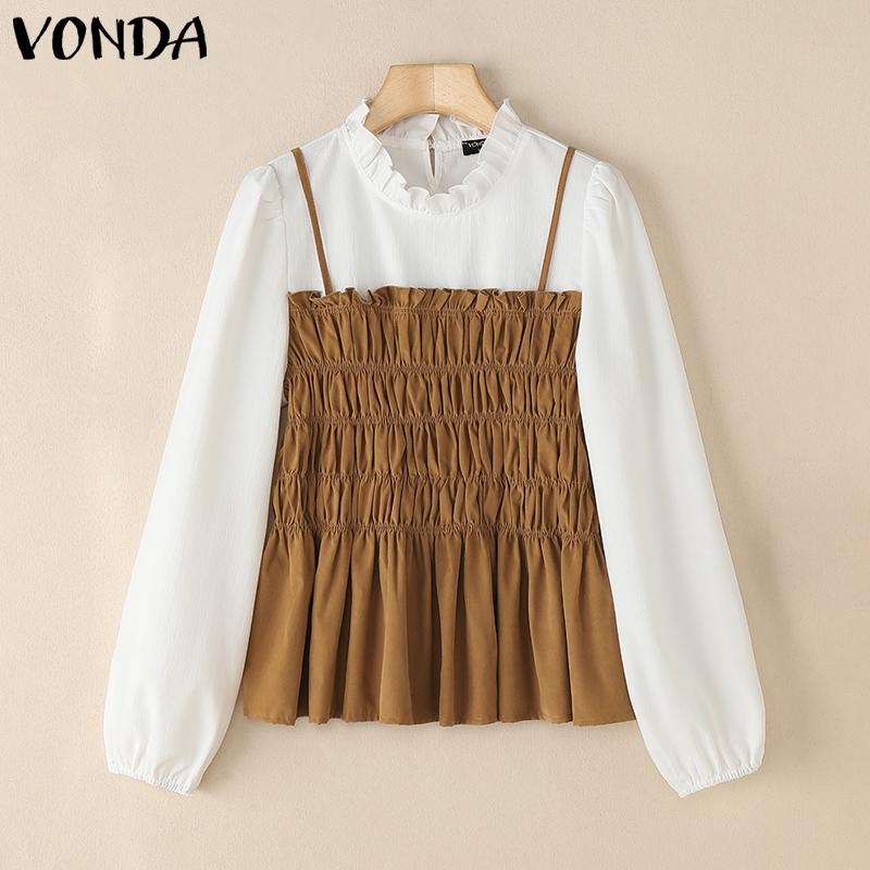 VONDA Women Stand Ruffled Neck Long Sleeve Patchwork Smocking Fake Two Pieces Blouse