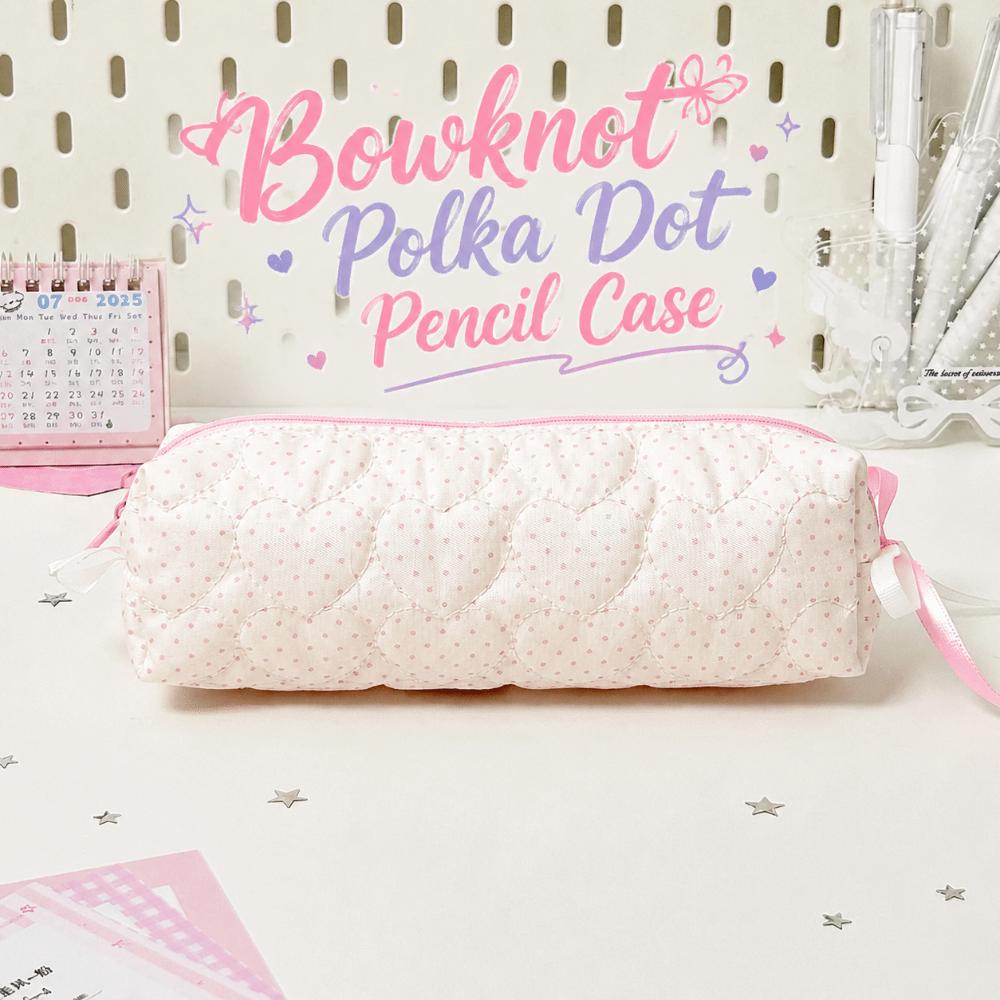 Polka Dot Print Pen Bag Pink White Stationery Pouch Cute Pencil Case Back To School