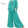 2 Pcs/Set Women Top Pants Set Round Neck Retro Long Sleeves Blouse Wide Leg Elastic Waist Trousers Daily Leisure Loose Outfit
