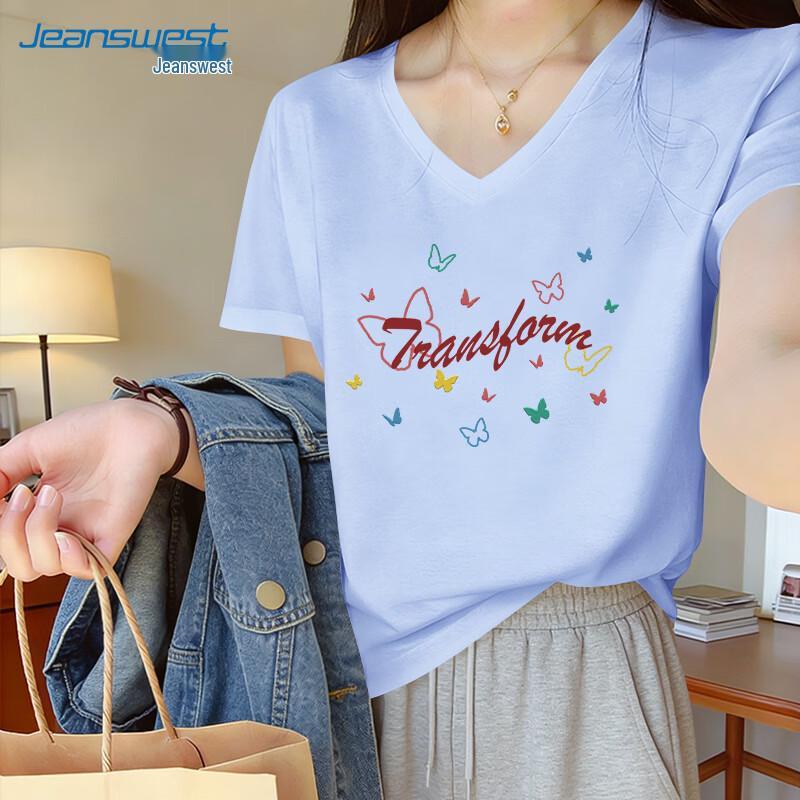 Женская хлопковая футболка Jeanswest с принтом бабочек и V-образным вырезом