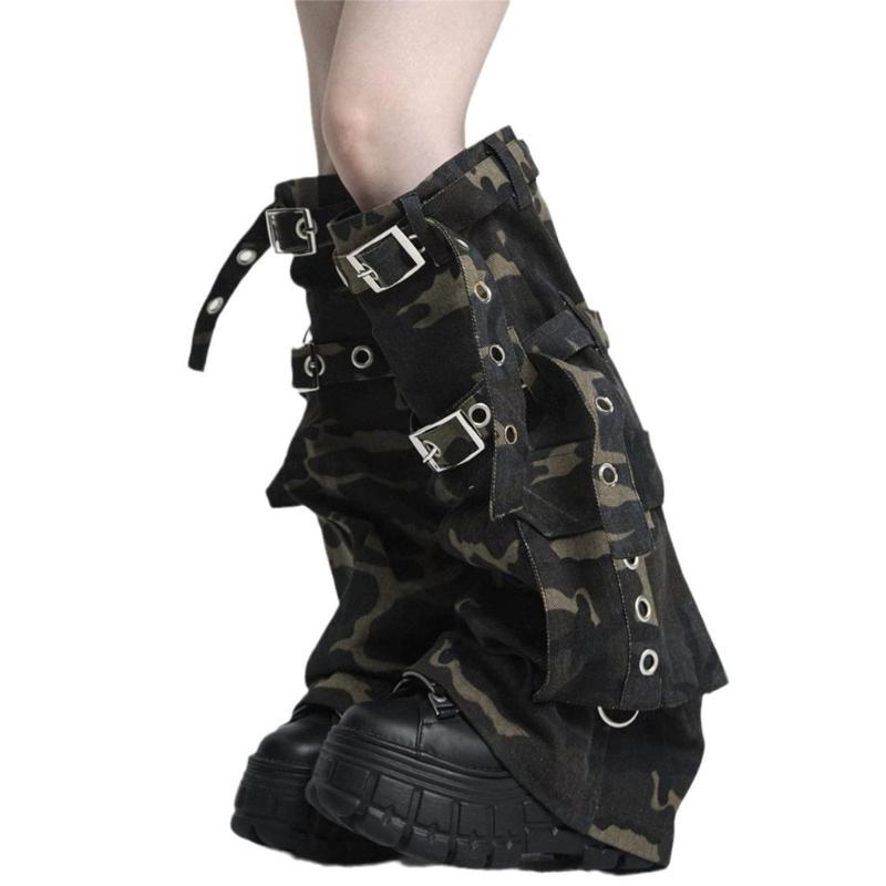 Womens Harajuku Punk Camouflage Denims Flared Leg Warmer Buckled Eyelets Straps Cargo Leg Cover Stockings Streetwear