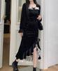 Women's Spring Vintage Evening Party Dress Black Summer Velvet Shiny Mermaid Dresses Korean Style Clothing