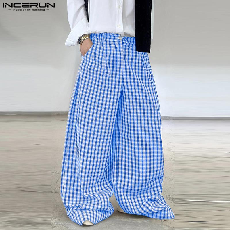 INCERUN Men Casual Loose Zip-up Waist Plaid Nonelastic Wide Legs Pants Long Trousers