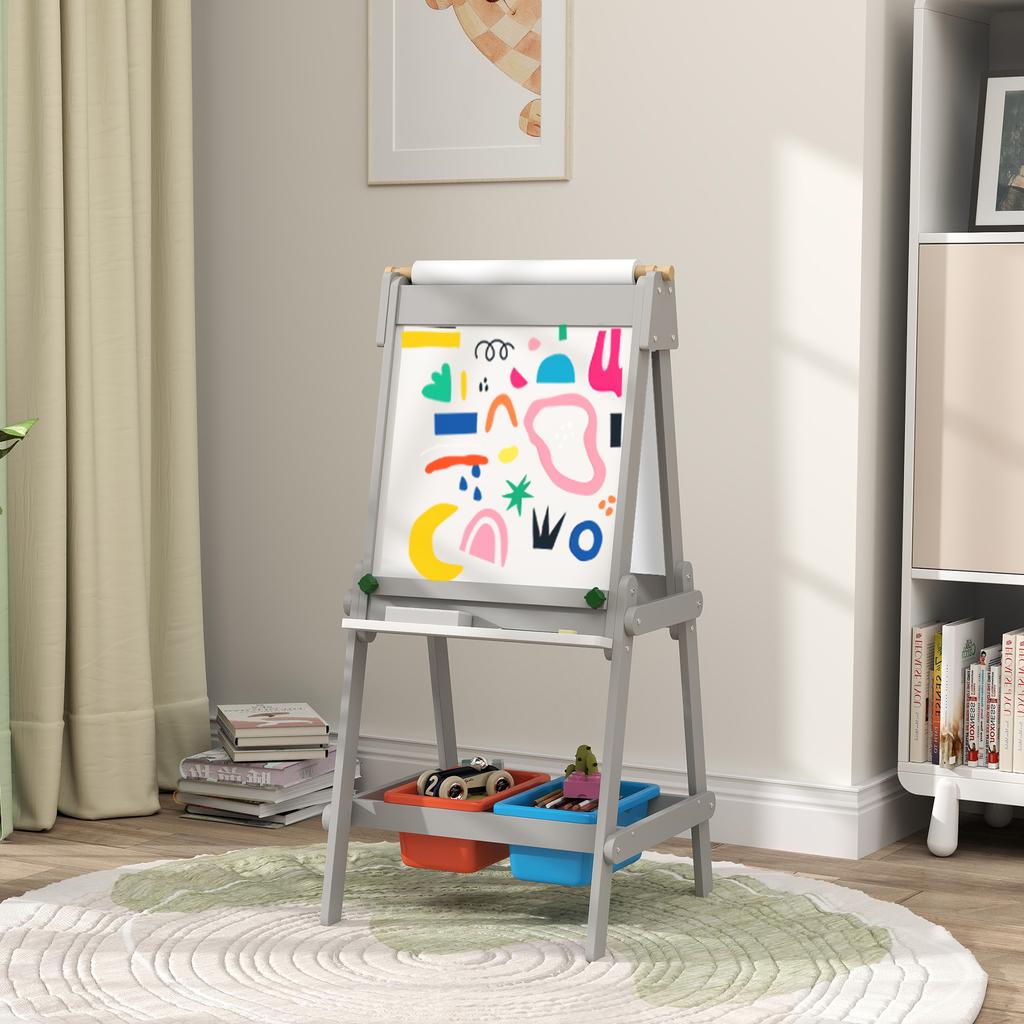 Art Easel for Kids with Paper Roll, Double-Sided Painting Easel with Chalkboard, Whiteboard