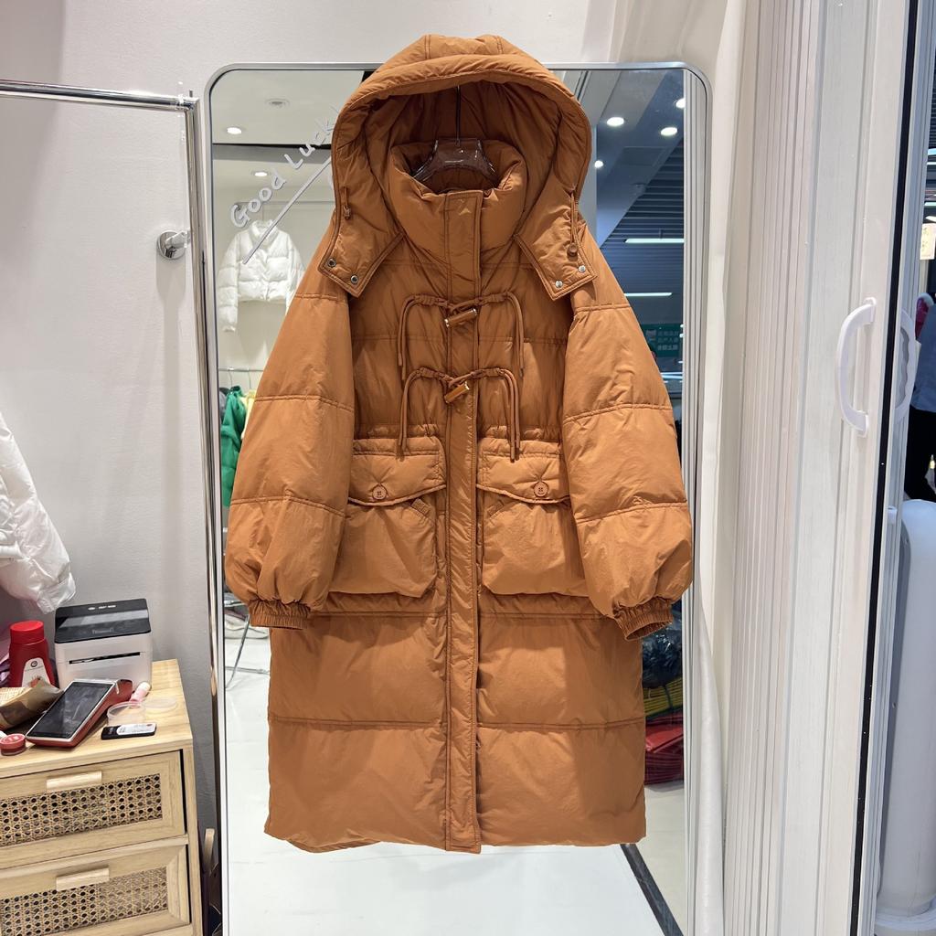 Пуховик женский средний и длинный с капюшоном утолщенный свободный зима 2024 новый студенческий белый пуховик до колена прилив