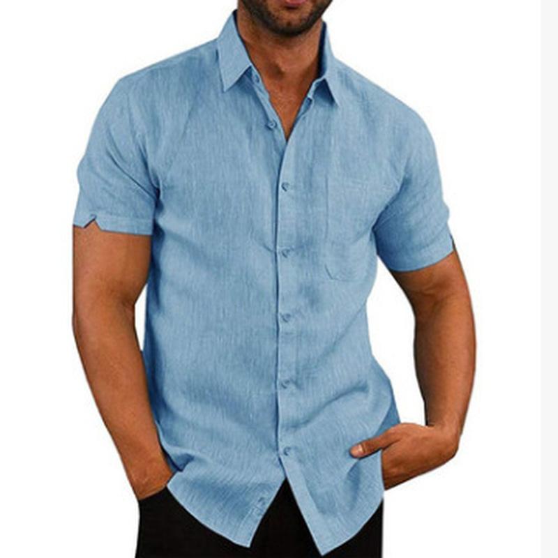 Summer Lapel Solid Color Short Sleeve Button Up Men Linen Shirt Plus Size Men's Tops