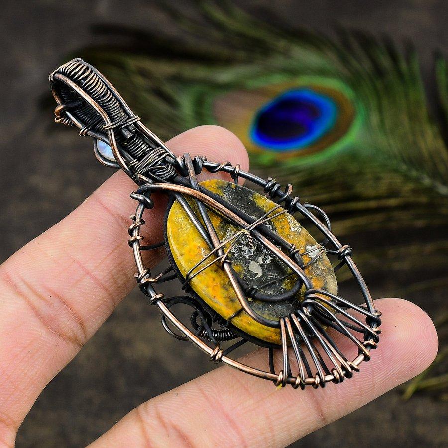 Bumblebee Jasper, Moonstone Gemstone Copper Wire Wrap Jewelry Pendant 3.66"