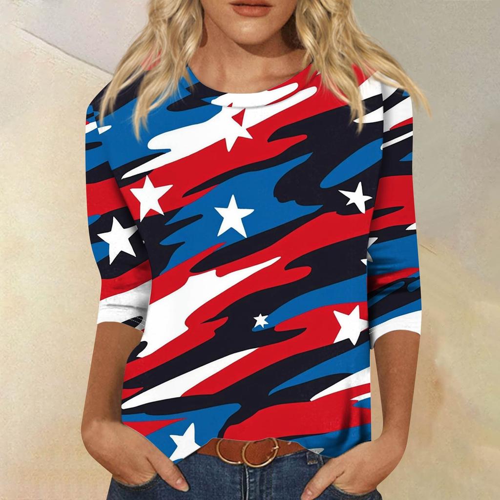 Women's Fashion Casual Seven Sleeve Independence Day Printed Round Neck Top