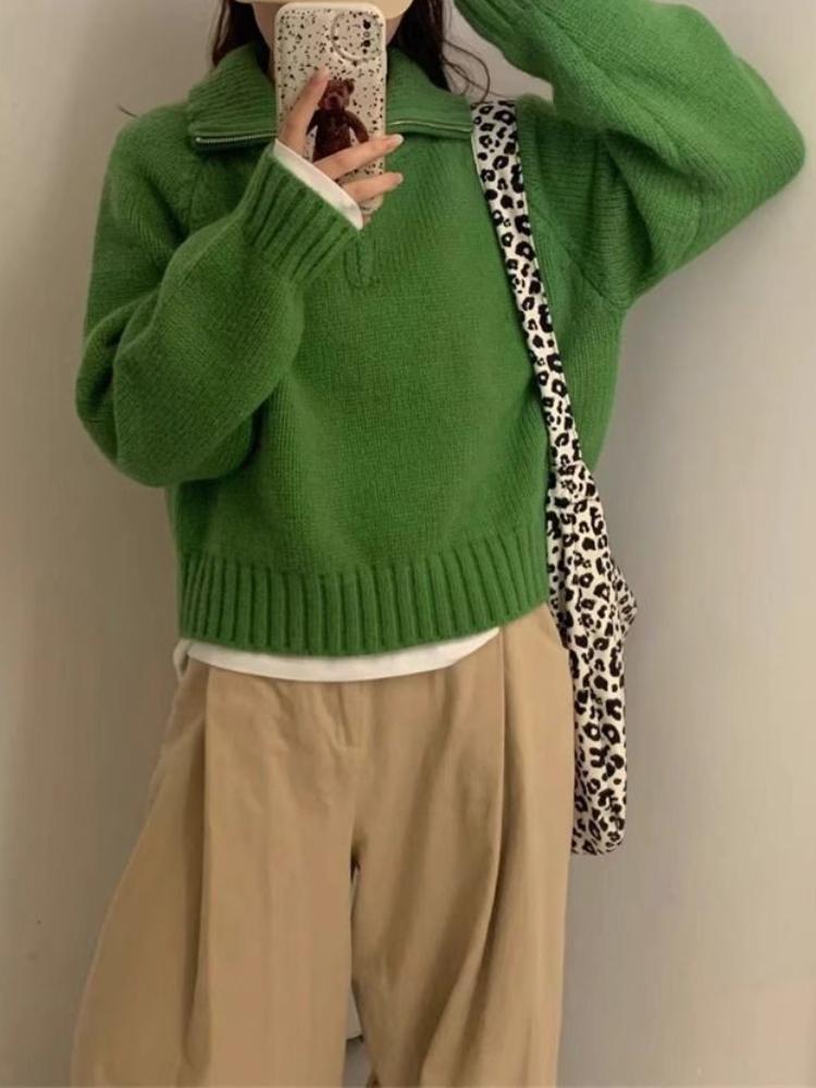 Дизайнерский свитер с полумолнией и лацканами, женский осенне-зимний новый корейский свитер со стоячим воротником, свободный, для ношения на улице