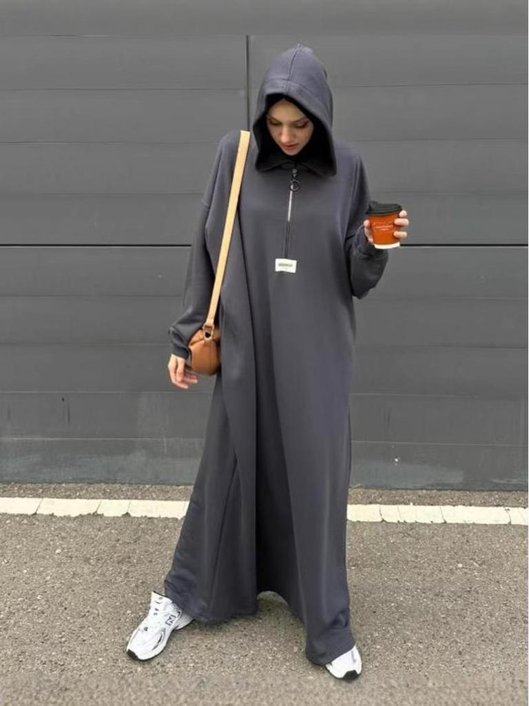 2025 Однотонное вязаное платье-худи с длинными рукавами