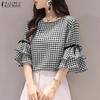 Women O-neck Ruffles Sleeve Plaid Shirt Summer Casual Blouse Tops