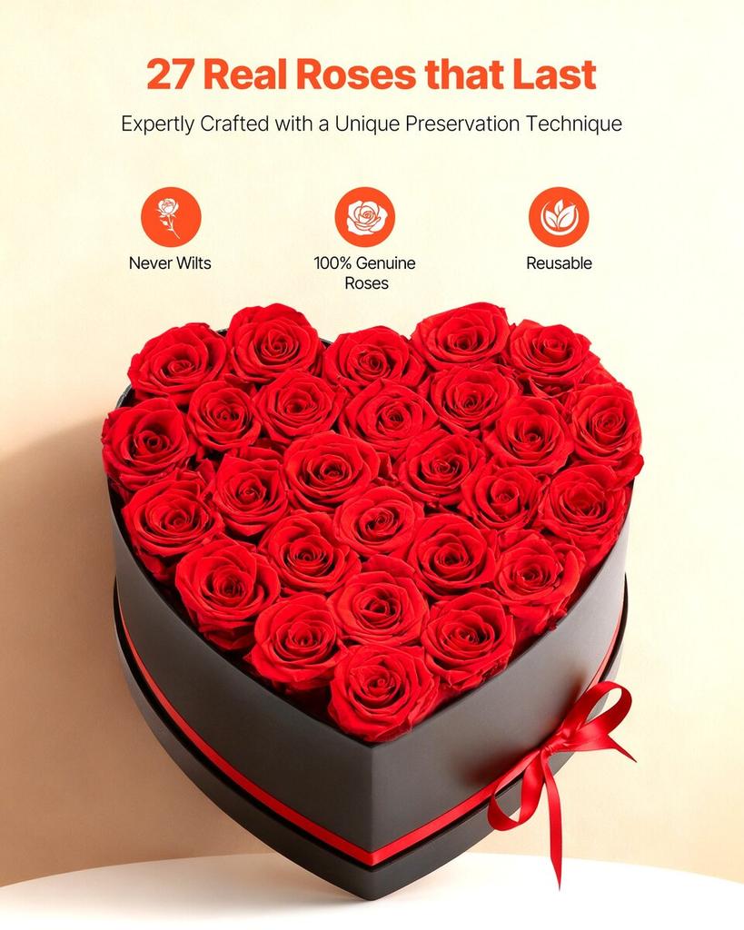 Forever Flowers, 27 Preserved Roses in a Heart Shape Box, Eternal Flowers Immortal Bouquet Birthday Present for Delivery Prime Women Her Wife Mothers,