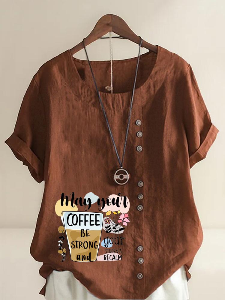 Women's Fashion Letter Flower Print Round Neck Short Sleeve T-shirt Casual Cotton Linen Graphic Shirt Leisure Loose Summer Blouse Tops