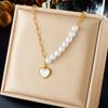 Gold Plated Stainless Steel Pearl and Heart Pendant Necklace for Women