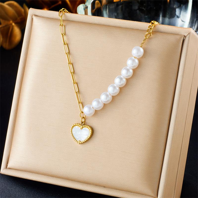 Gold Plated Stainless Steel Pearl and Heart Pendant Necklace for Women
