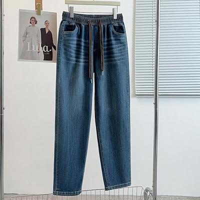 Высококачественные стрейчевые джинсы-бойфренды большого размера, стройнящие фигуру: Женские брюки в корейском стиле с высокой талией на кулиске, укороченные, с небольшими прямыми штанинами