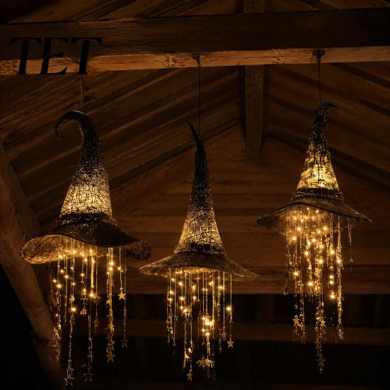 Easy Install Halloween Lights Light Up Witch Hat Hanging Lamp, Glowing Ornament with Twinkling Sparkling Star Window Pendant Stars Moon, Indoor