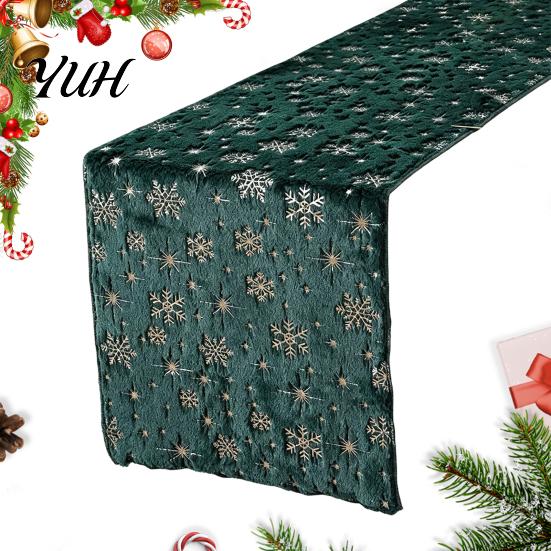 Festive Table Centerpiece Decor Christmas Plush Runner, Foil Stamped Golden Tree Snowflake Protective Furniture Fabric Fuzzy Holiday Dining Cover for