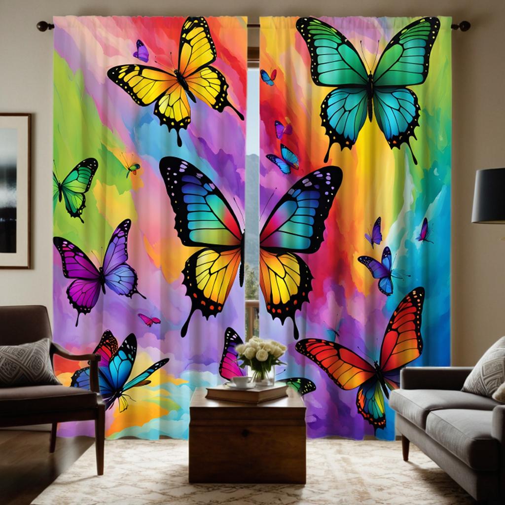 2pcs HD Multicolor Butterfly Decorative Curtain Color System Digital Printed Curtain Home Decoration Style Decoration Living