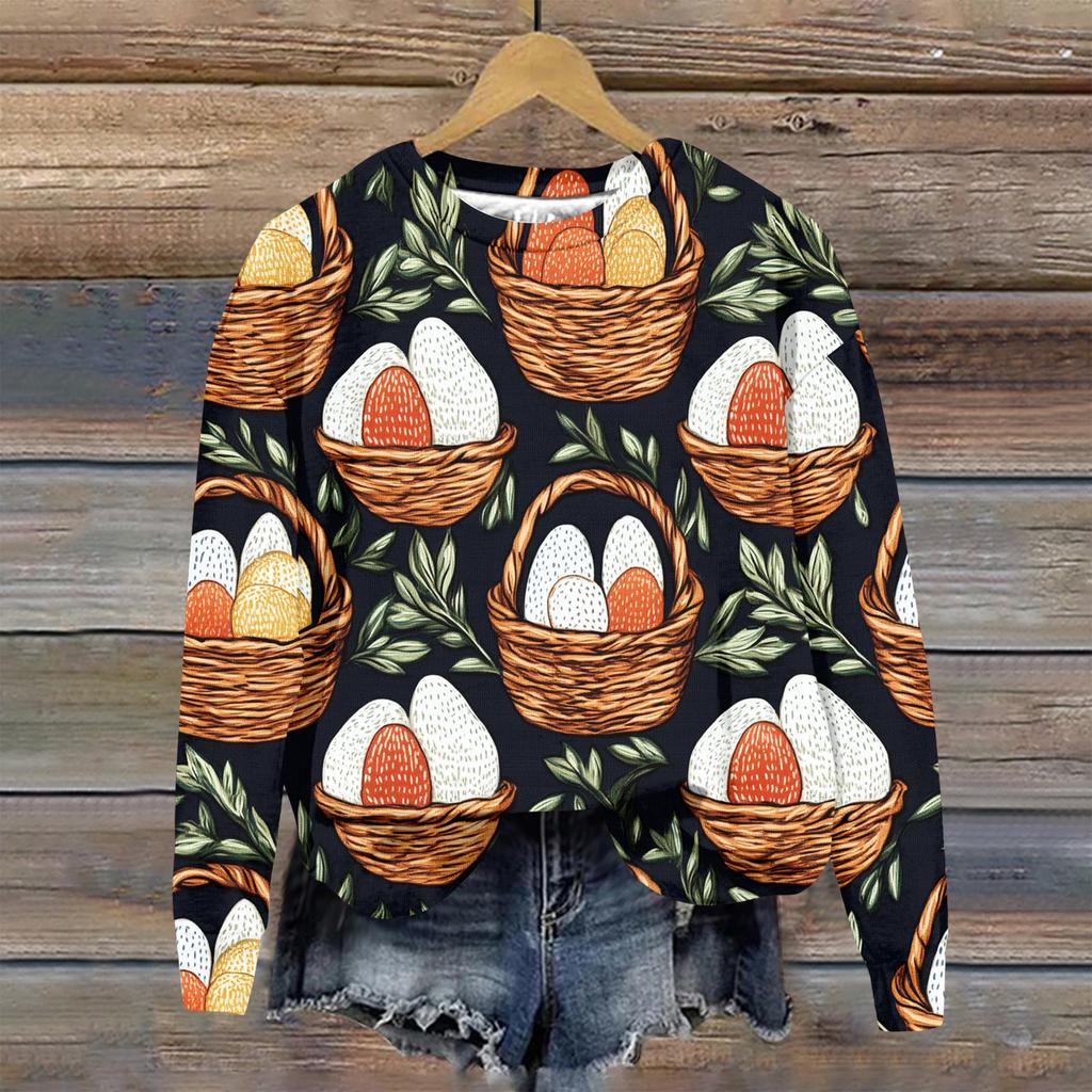 Женская мода Пасха Печатный Длинный рукав Свободный круглый вырез Толстовка Топ