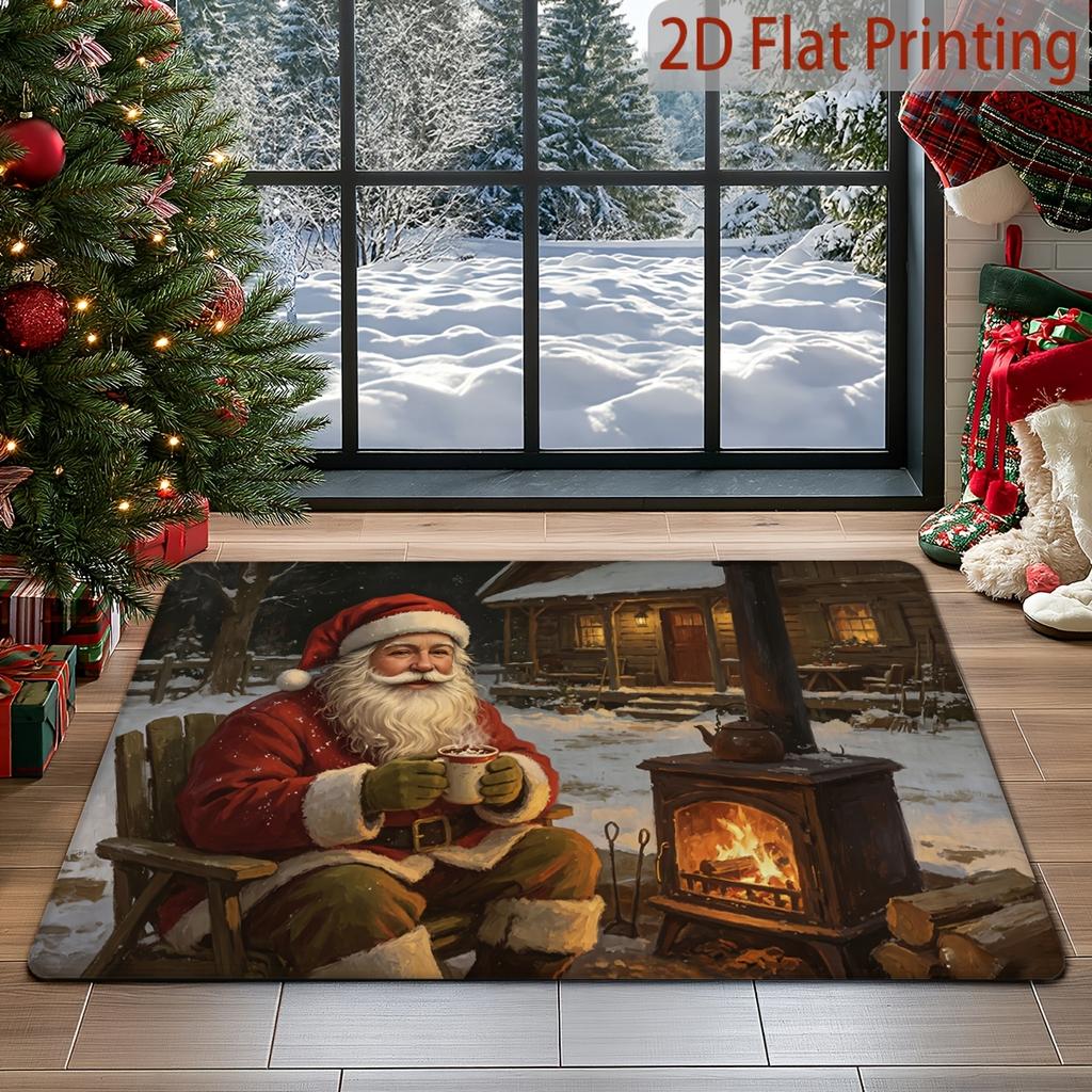 2D Flat Suitable for Christmas & New Year Rug - Thickened Non-Slip Absorbent Floor Mat with Cozy Snow Scene Santa Fireplace, Machine Washable Soft Sui