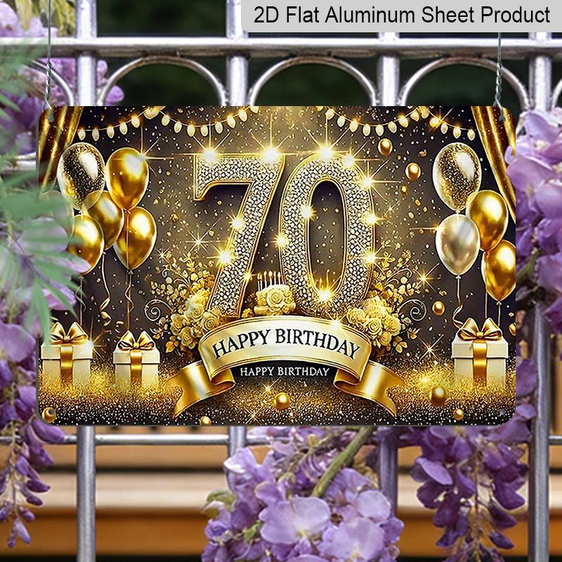 Плоская 2D, 1 шт. Золотая блестящая алюминиевая табличка-знак "С 70-летием" 12x8 дюймов - Черно-золотой дизайн с шарами на 70-летие, Металлический настенный декор для