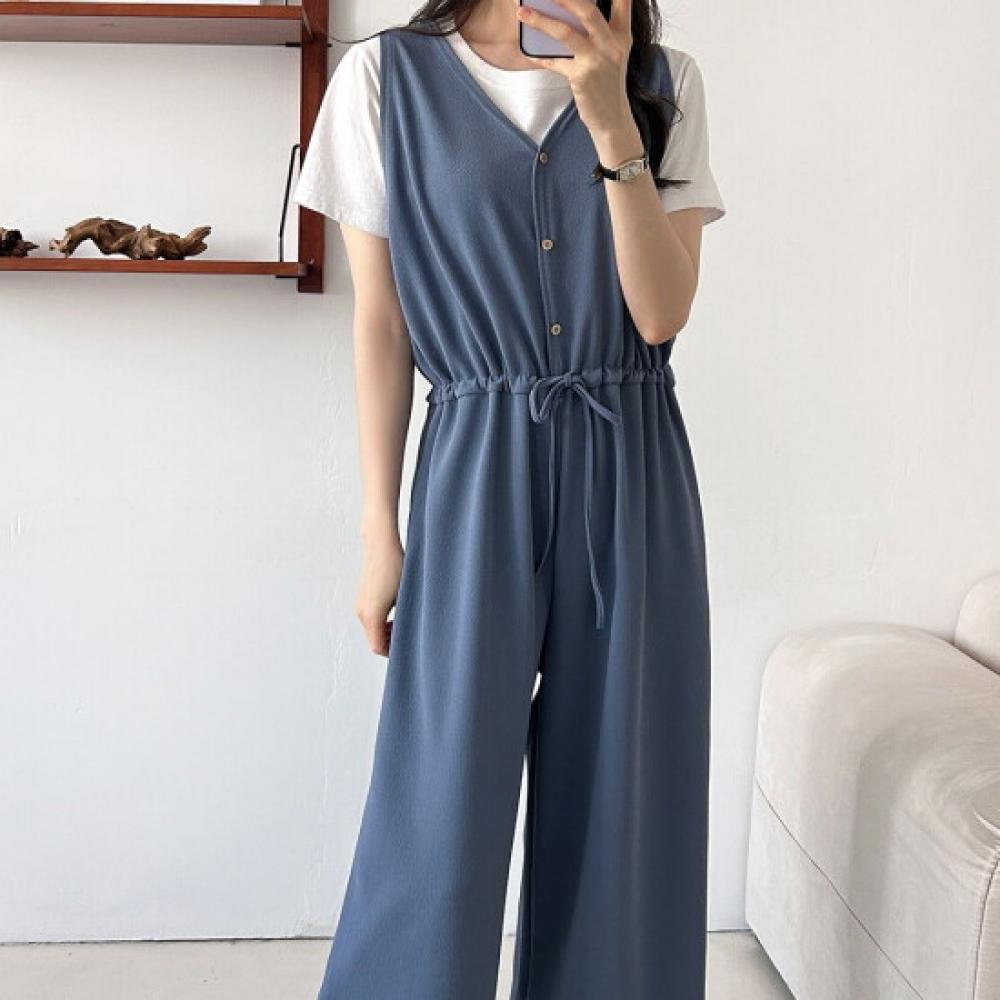 New ArriVals Open Run Spring Layered Waist Tie V Neck sleeVeless Wide Pants Jums