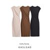 Kaslead New Arrival Women's Clothing Fashion Style Ruched Decorative Round Neck Elegant Midi Skirt Dress 1044626