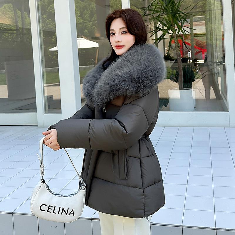 Imitation fox fur collar down cotton clothes women's medium and long new waist thickened cotton clothes cold cotton clothes jacket