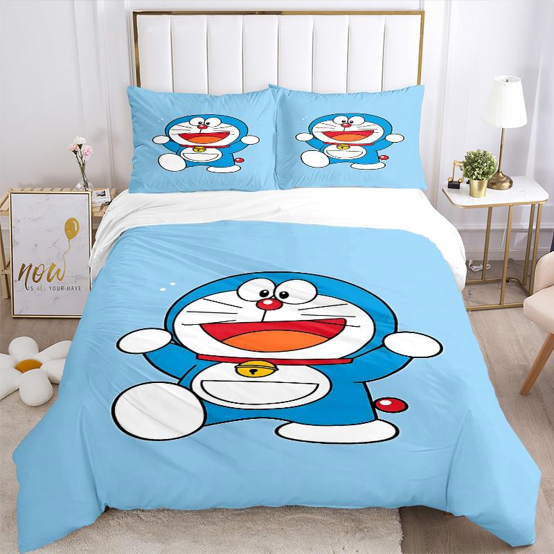 Doraemon'S Joyful Adventure Print 3Pcs Bedding Setduvet Cover With 2 Bedropillowcase Home Birthday Gift