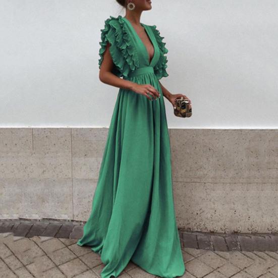Женское вечернее платье с глубоким вырезом и V-образным вырезом с летающими рукавами Многослойное плиссированное платье с высокой талией и высокой талией Сплошной цвет Длина пола Пром Коктейльное платье макси