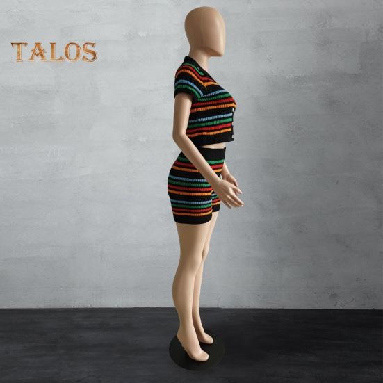 2 шт./компл., женский топ Crio, комплект с шортами, вязаный полосатый комплект с короткими рукавами, однобортный топ с V-образным вырезом, брюки с высокой талией и эластичной резинкой на талии, повседневный комплект