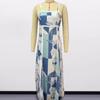 Women Vacation Dress Printed Patchwork Low-cut Square Neck Backless Sleeveless A-line Full Length Beach Maxi Dress Plus Size