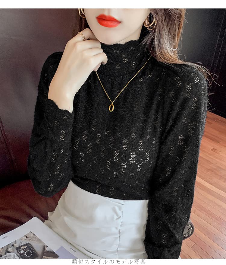 Gincci Блузка женская прозрачная кружевная с длинным рукавом, многослойная, с высоким воротом, тянущаяся, вид, сексуальная, (Тип - Черный)