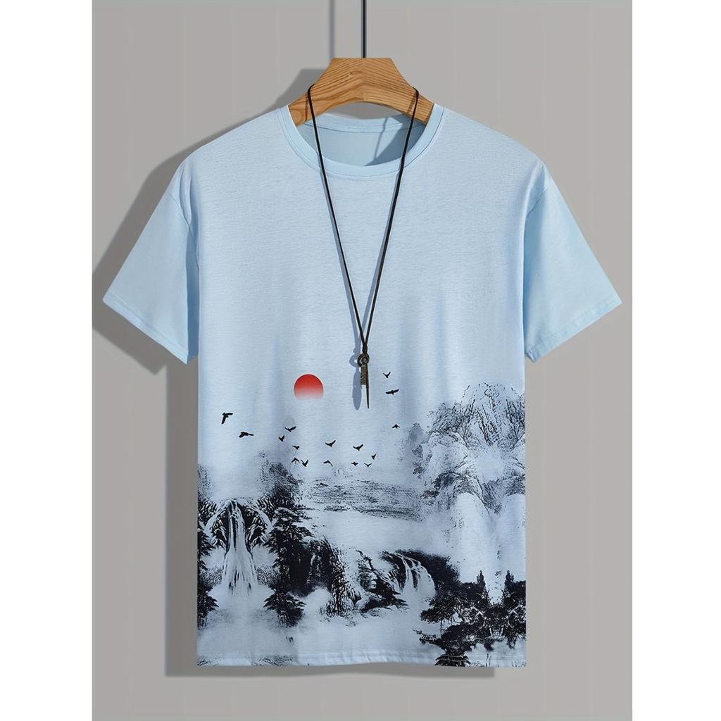 Summer Men's  Fashion Chinese Traditional Painting Style 3d Printed T Shirt Simple Pattern Short-sleeved Tees  Casual Men's Tops
