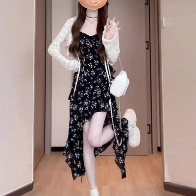 French Temperament Irregular Long Dress New Early Spring Cold Black Floral Suspender Dress Children