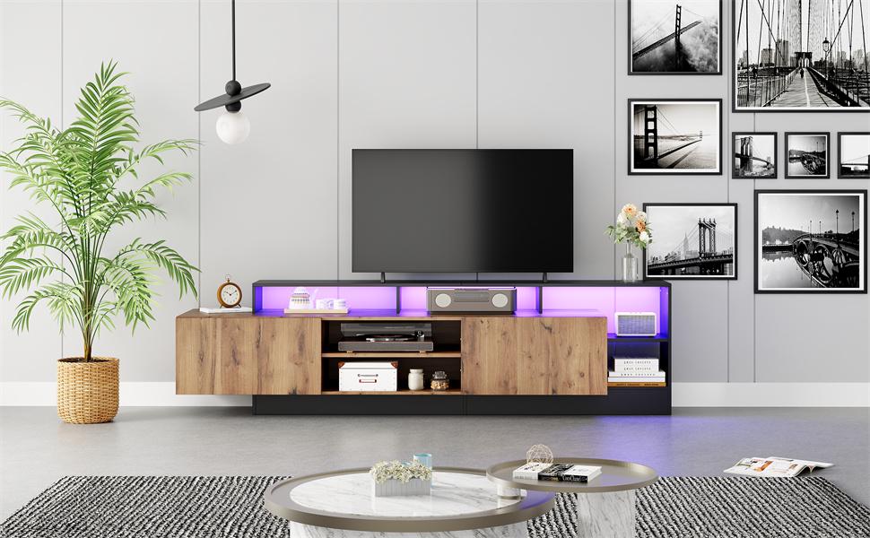 Modern TV Cabinet for TVs up to 70 Inches, Open Storage with LED Display, Suitable for Bedroom and Living Room, Original Wood Color with Black Frame