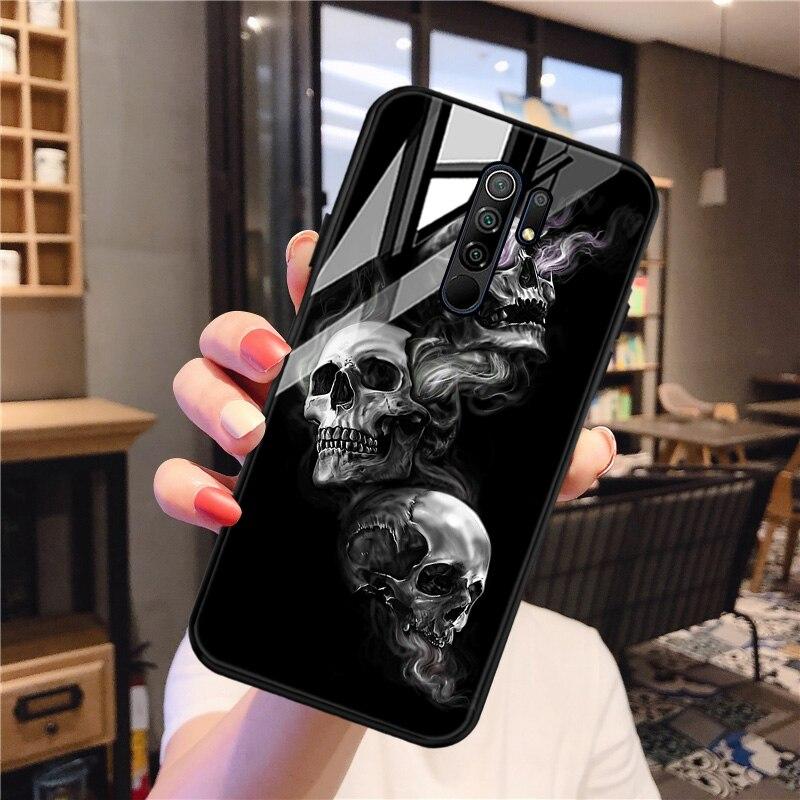 Redmi 9 Case Skull Skeleton Glass Case For Xiaomi Redmi 9 C 9C NFC 9A 8A 8 7A 7 Mi 9T Pro 9 Lite 8 SE Tempered Glass Hard Cover