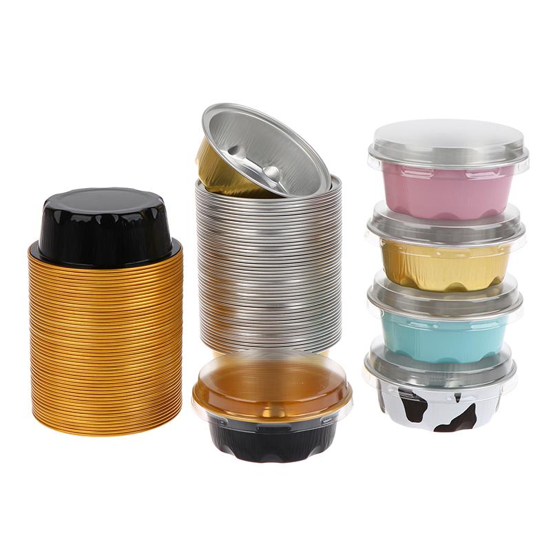 50 шт. круглые формы для выпечки из алюминиевой фольги с крышками, многоразовые формы для кексов, десертов, фланцев, тортов, пудингов, желе, кухонные инструменты
