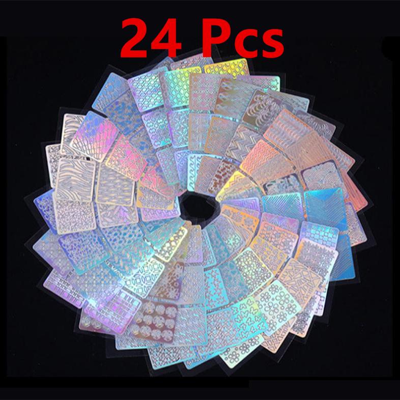 Наклейки для дизайна ногтей, полый гель-лак, лазерный винил для ногтей, трафаретные насадки, 24 шт./компл., сердце, звезда, 3D изображение