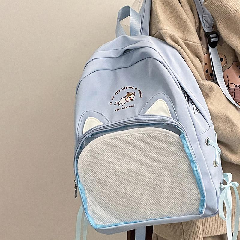 SCIONE New Transparent Schoolbag Large-capacity Contrast Ridge Protection Backpack Two-dimensional Cute Cartoon Cat Backpack