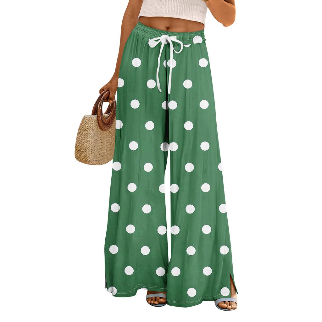 Women Summer Boho Palazzo Pants High Waist Wide Leg Rinting Casual Trousers With Pockets