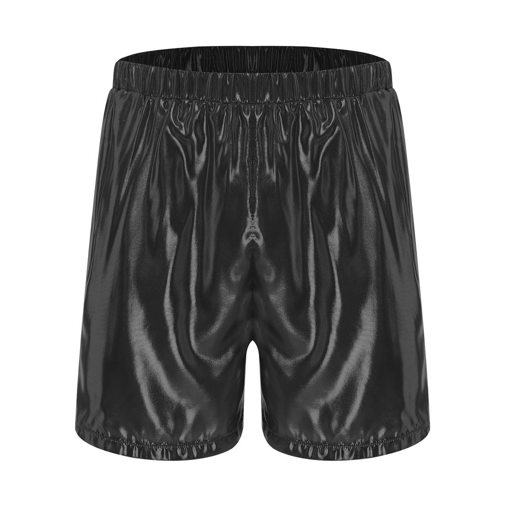 Mens Shiny Boxer Shorts Elastic Waistband Side Pocket Design Loose Fit Glossy Beach Shorts Loungewear