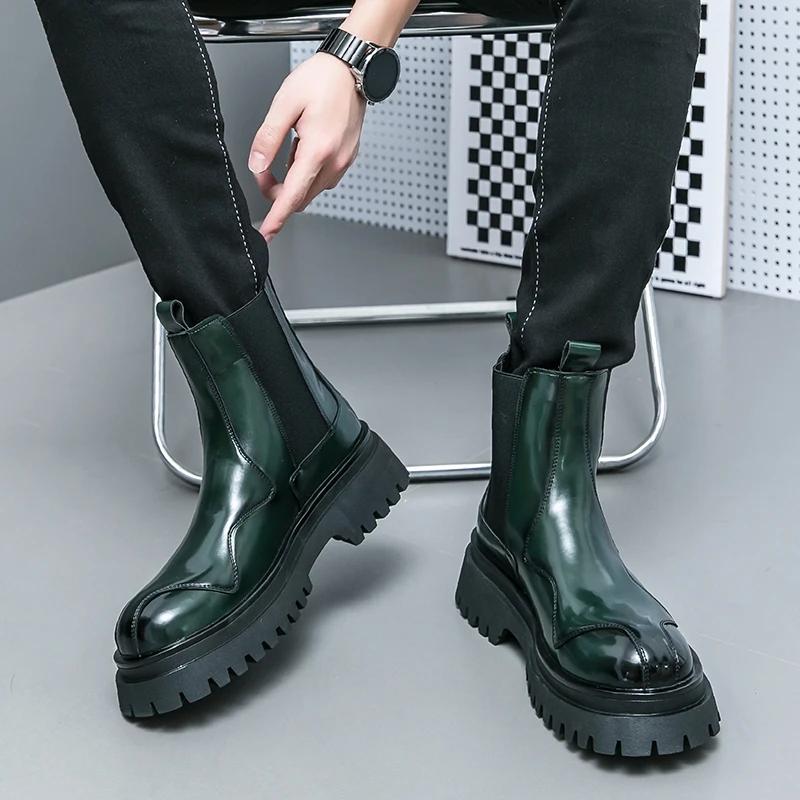 New Chelsea Boots for Men Green Black Patent Leather Round Toe Slip-On Shoes for Men with Size 38-44 Ankle Boots