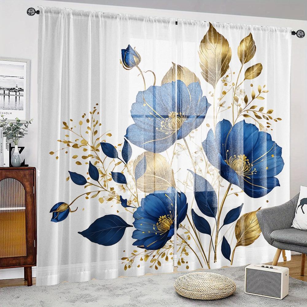 2 шт. HD цифровой синий розово-золотой листовой принт на окнах, декор для дома, стиль, украшение для гостиной, спальни, занавеска на штанге E