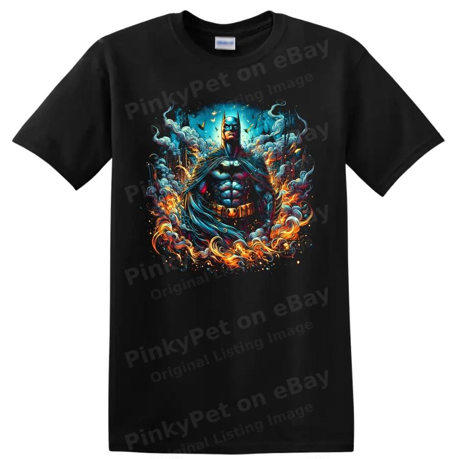 Batman T Shirt Colorful Superhero w/ Swirling Flames Comic Art Graphic Neon Art