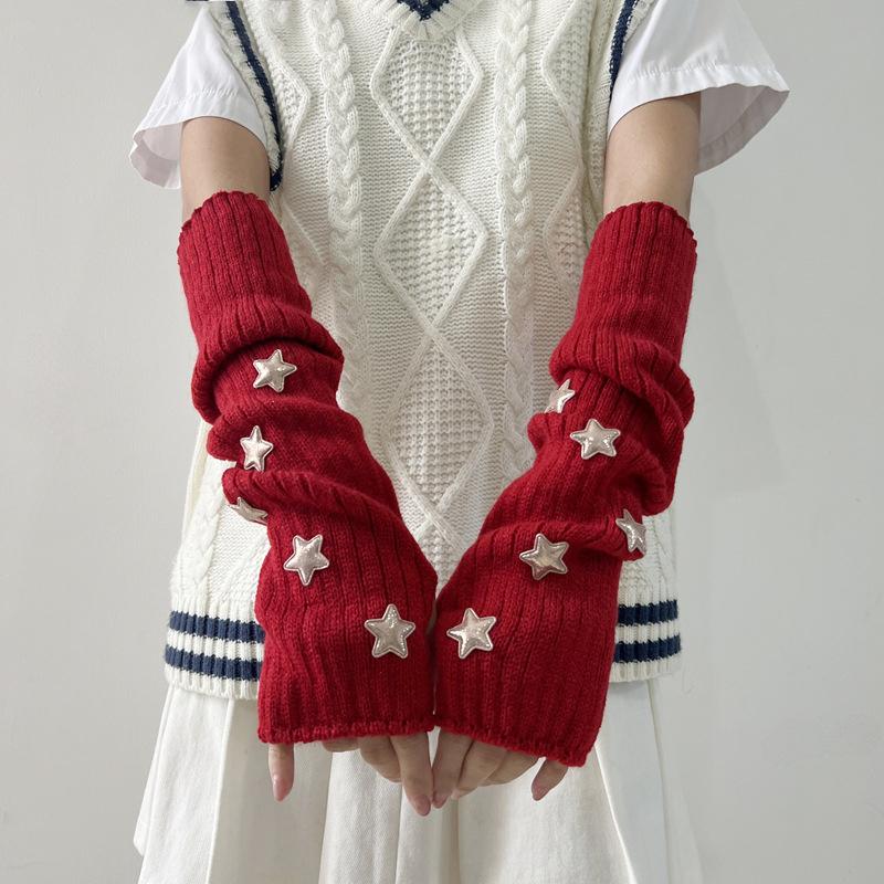 Red Knitted Arm Cover Hip-Hop Long Fingerless Sleeves Stretchy Elbow Decoration Thumb Hole Gloves Teens Cosplay