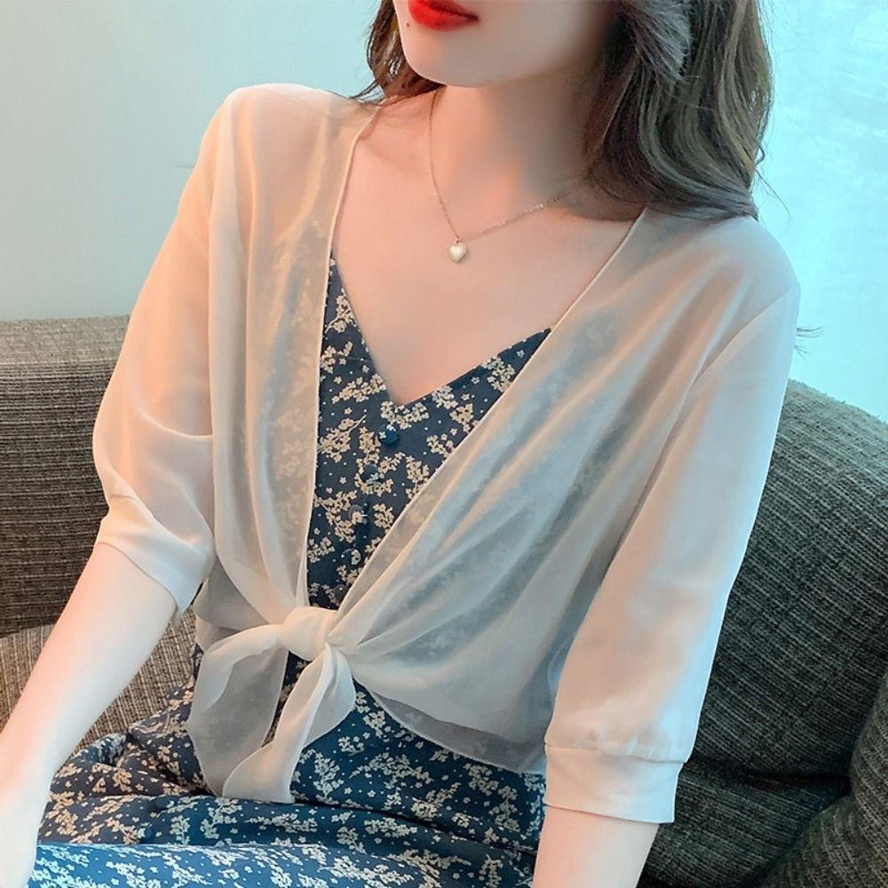 Women Thin Short Cardigan Summer Sun Protection Clothing New Half Sleeve Chiffon Shawl