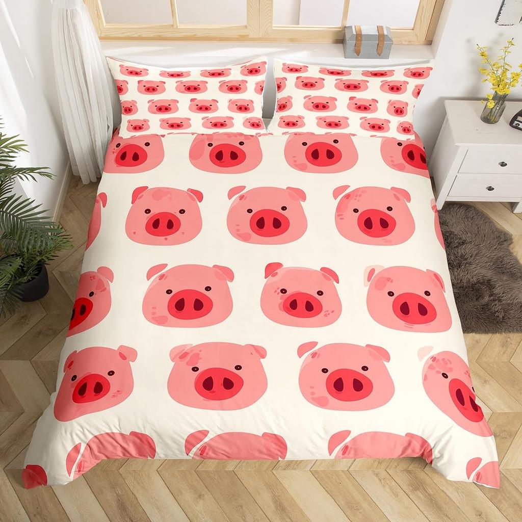 Pink Pig Bedding Set King Queen Sleeping Pig Duvet Cover For Kids Boys Girls Kawaii Animals Comforter Cover With 2 Pillowcases